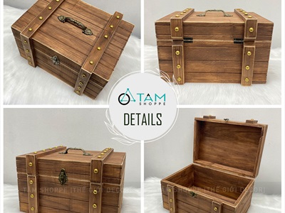 Rương gỗ viền nẹp đinh tán giả cổ 35cm (tặng ổ khoá) RUONG-GO-01